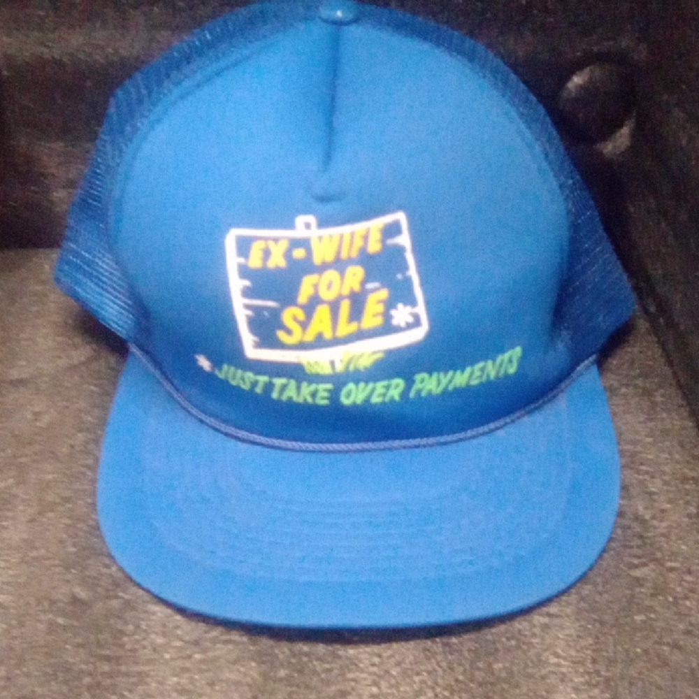 Blue Truckers Hat with 'EX-WIFE FOR SALE' Graphic